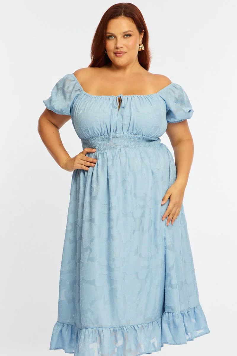 Blue Midi Dress Short Sleeve Jacquard - Image 2