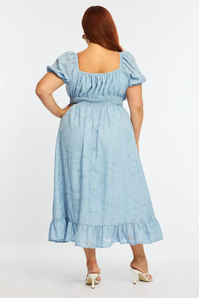 Blue Midi Dress Short Sleeve Jacquard - Image 5