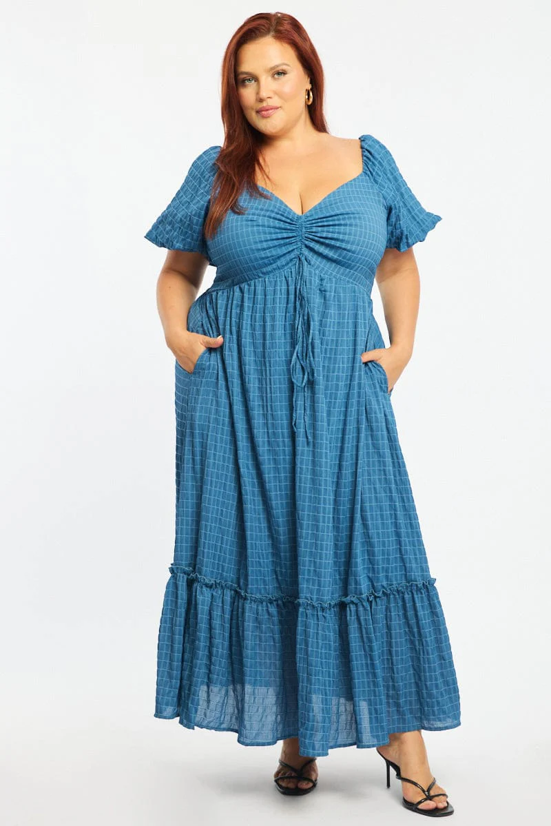 Blue Midi Dress Short Sleeve Ruched Bust Textured