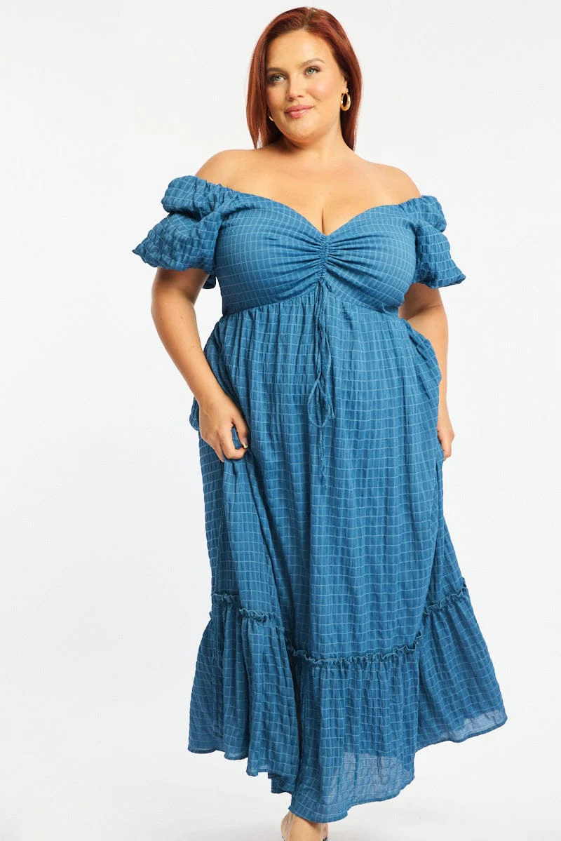 Blue Midi Dress Short Sleeve Ruched Bust Textured - Image 2