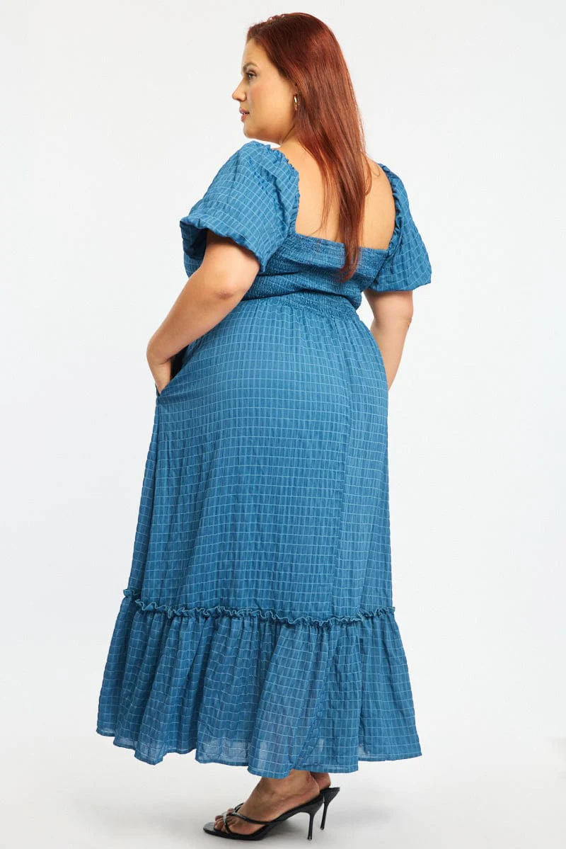 Blue Midi Dress Short Sleeve Ruched Bust Textured - Image 3