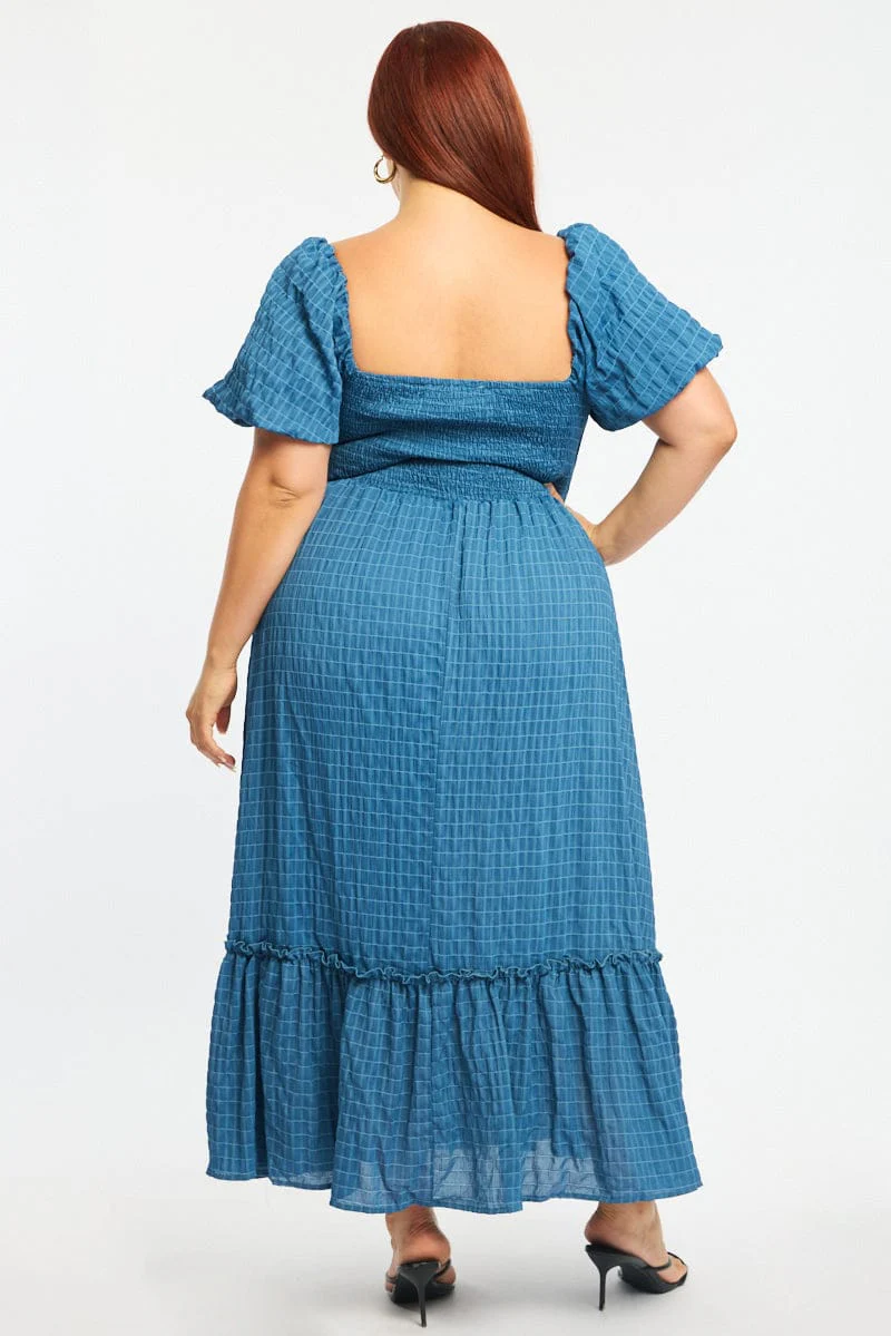 Blue Midi Dress Short Sleeve Ruched Bust Textured - Image 4