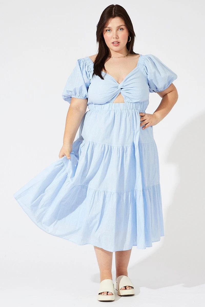Blue Midi Dress Short Sleeve Tiered Cotton - Image 2