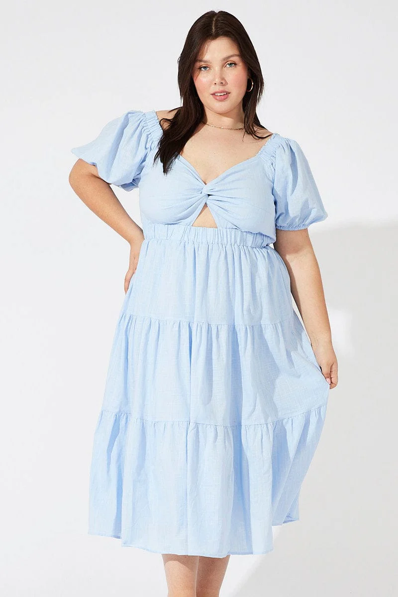 Blue Midi Dress Short Sleeve Tiered Cotton - Image 3