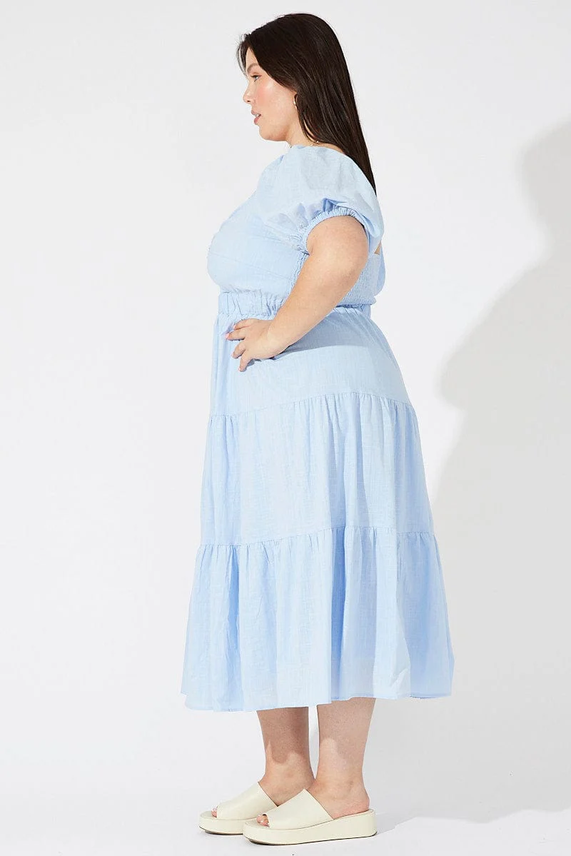 Blue Midi Dress Short Sleeve Tiered Cotton - Image 4
