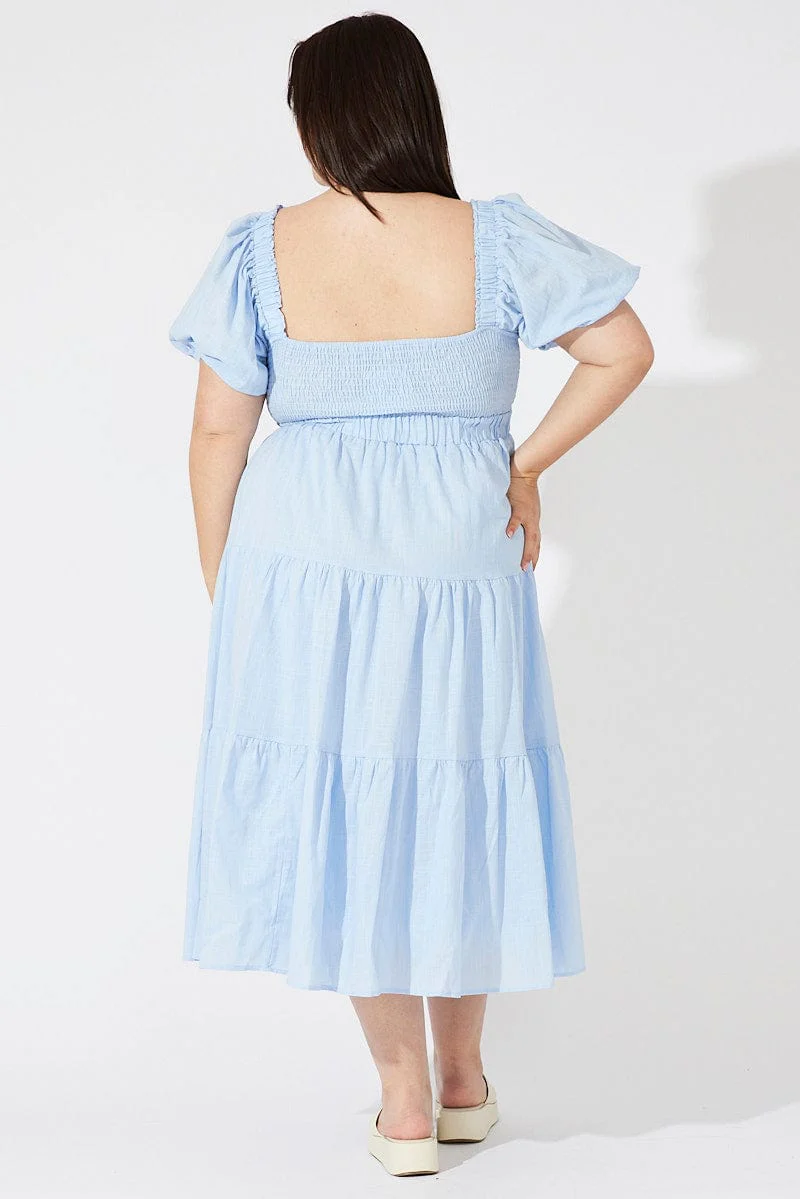 Blue Midi Dress Short Sleeve Tiered Cotton - Image 5