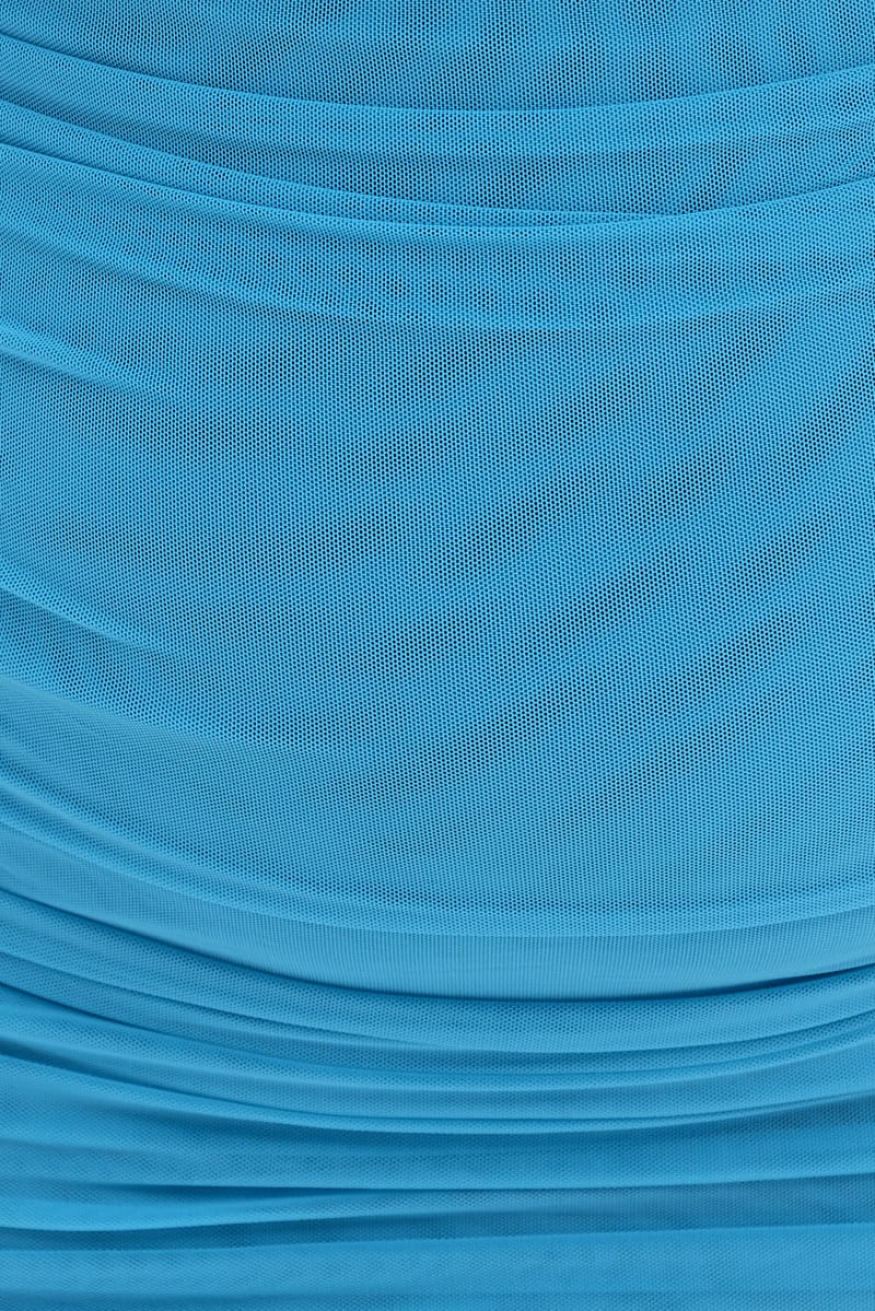 Blue Midi Dress Strapless Bodycon Mesh Ruched Side - Image 6