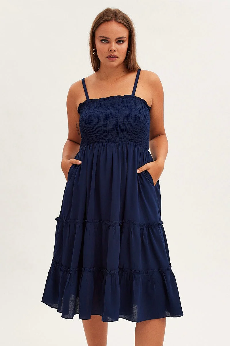 Blue Midi Dress Textured Shirred Bodice Strappy - Image 2