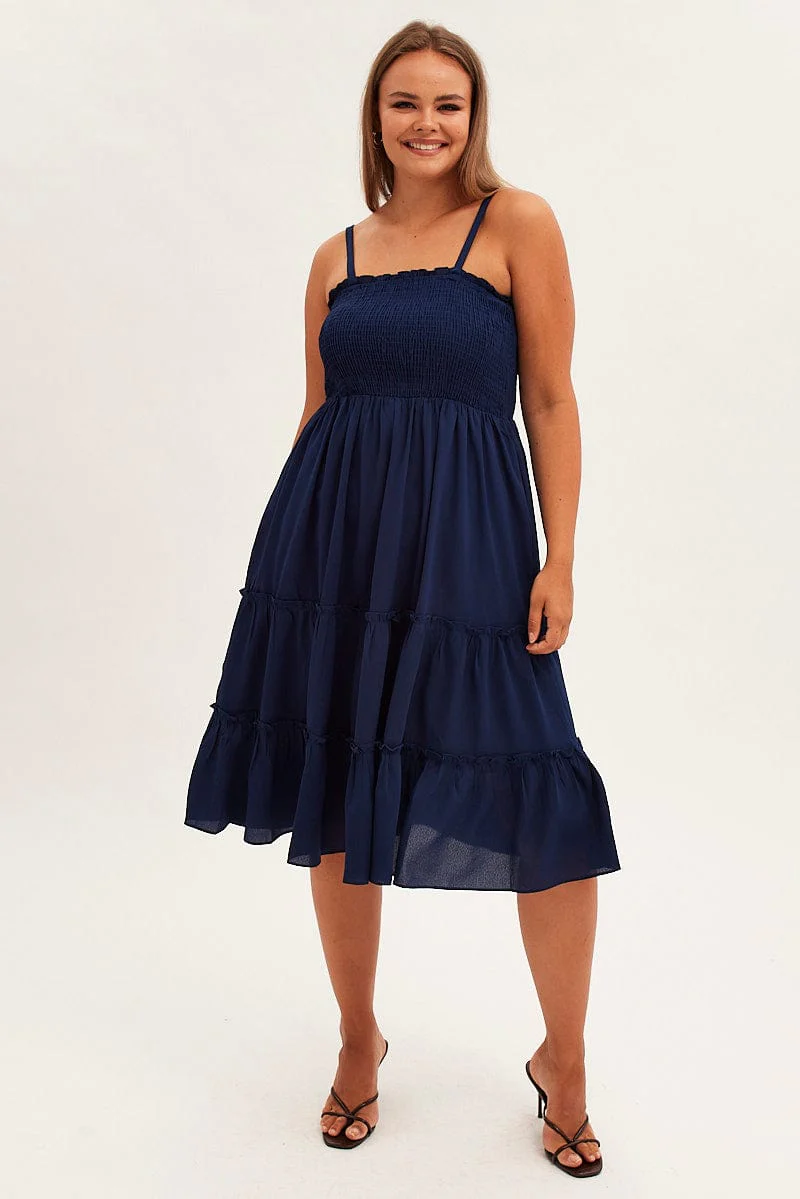 Blue Midi Dress Textured Shirred Bodice Strappy - Image 3