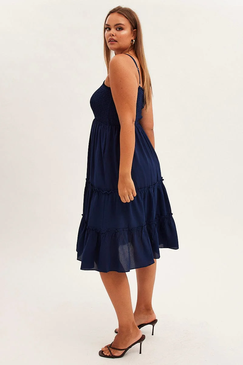 Blue Midi Dress Textured Shirred Bodice Strappy - Image 4