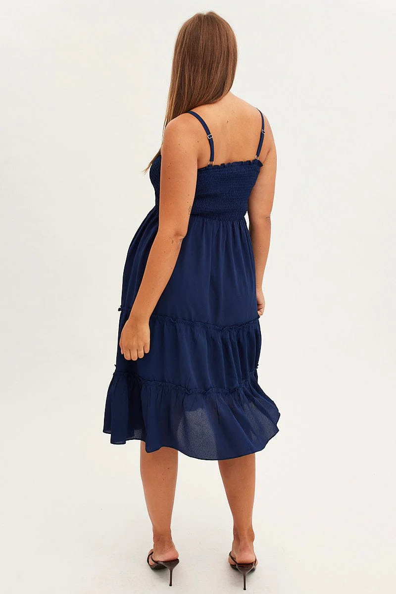 Blue Midi Dress Textured Shirred Bodice Strappy - Image 5