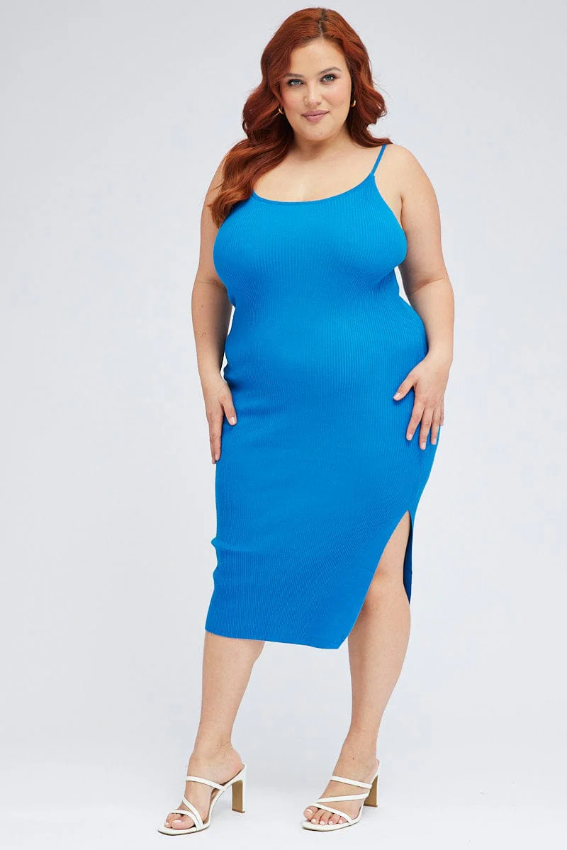 Blue Midi Knit Bodycon Dress Scoop Neck Sleeveless - Image 3