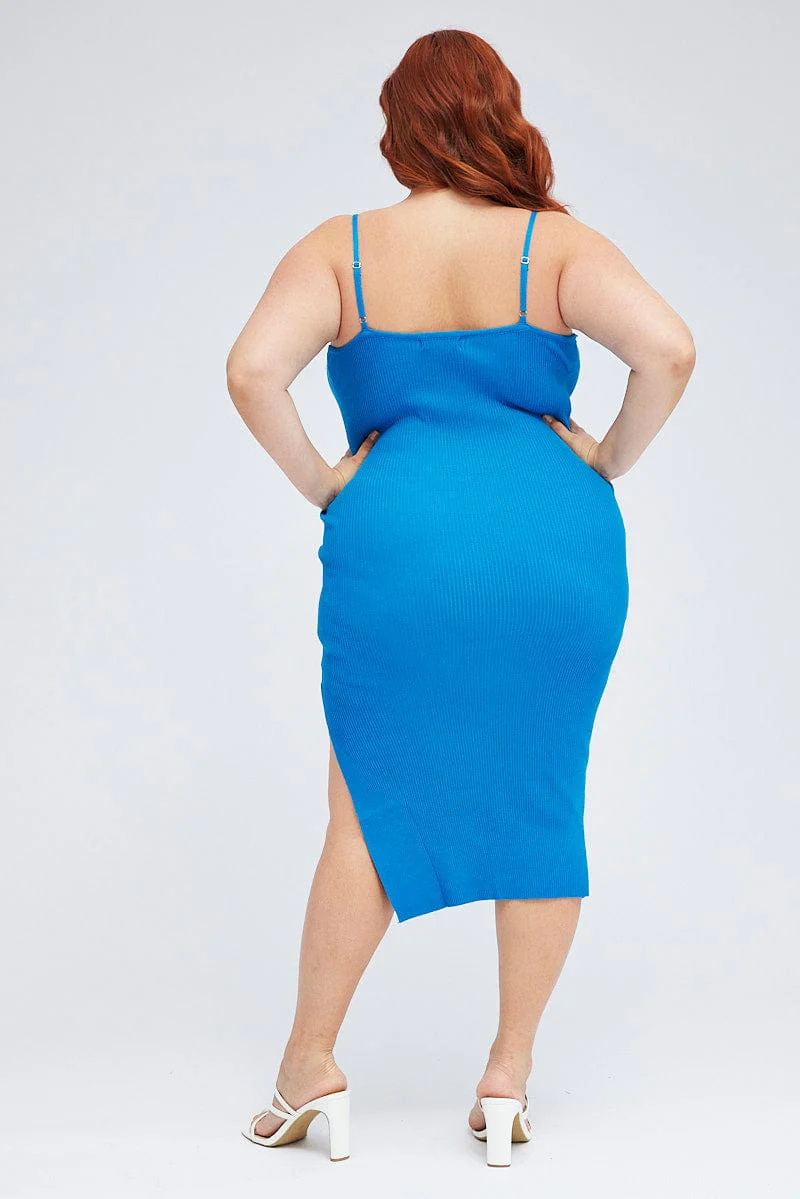 Blue Midi Knit Bodycon Dress Scoop Neck Sleeveless - Image 5