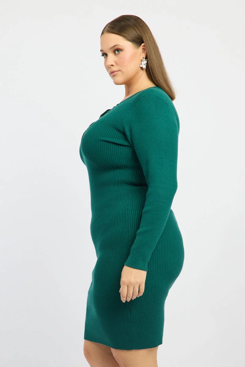 Blue Midi Knit Bodycon Dress V-neck Long Sleeve - Image 3