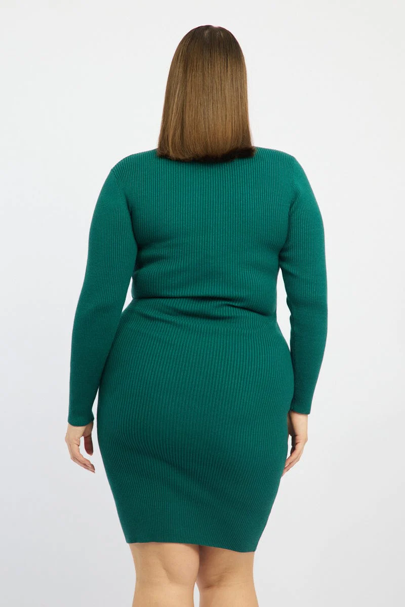 Blue Midi Knit Bodycon Dress V-neck Long Sleeve - Image 4