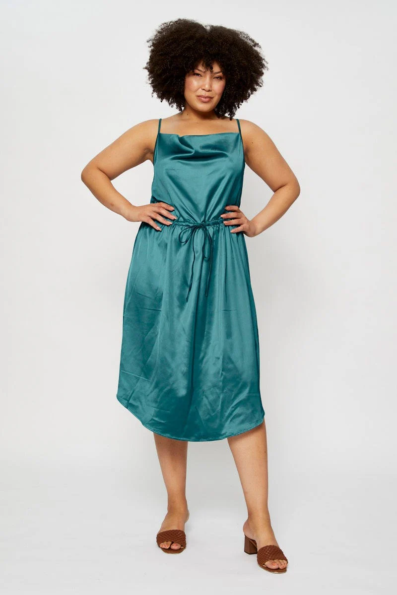 Blue Midi Satin Dress Cowl Neck Sleeveless - Image 3