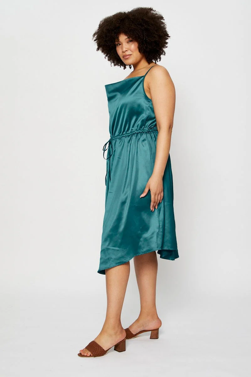 Blue Midi Satin Dress Cowl Neck Sleeveless - Image 4