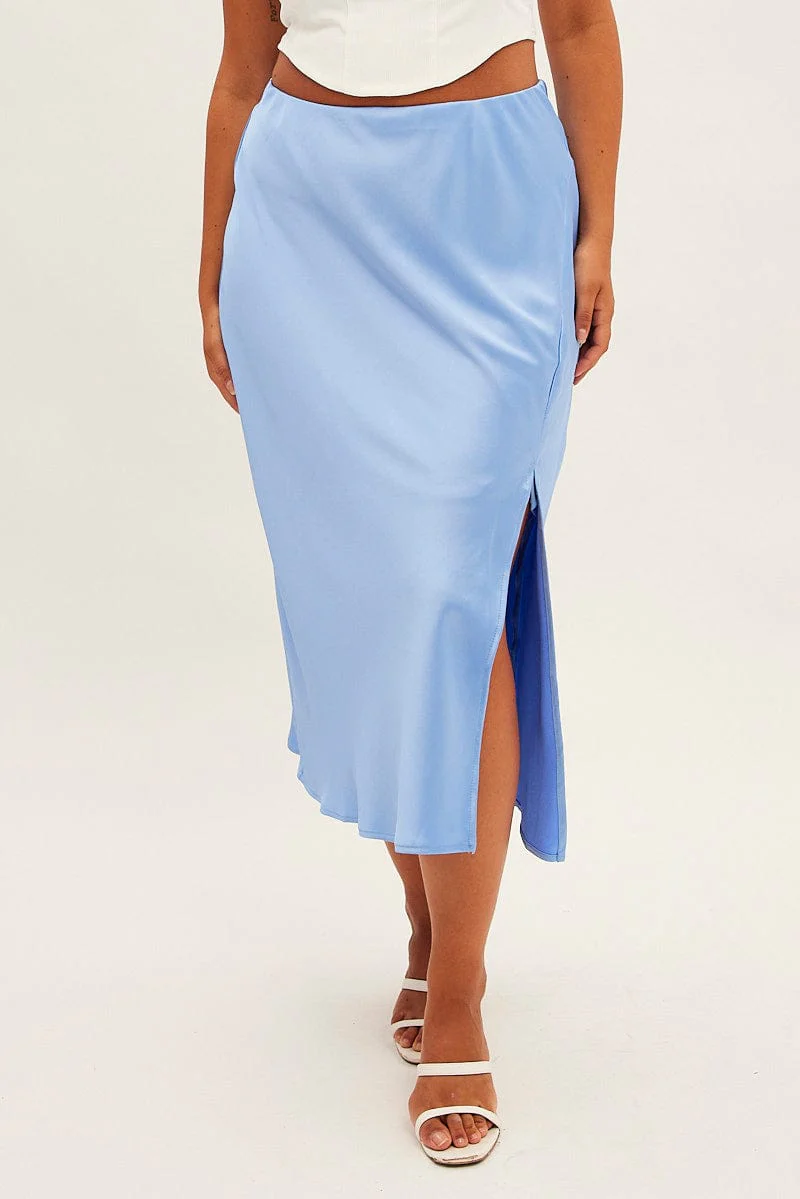 Blue Midi Skirt Bias Satin Split Side - Image 2