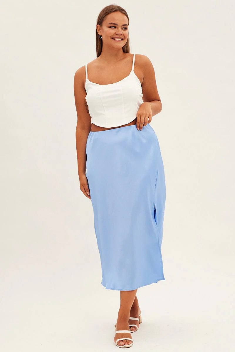 Blue Midi Skirt Bias Satin Split Side - Image 3