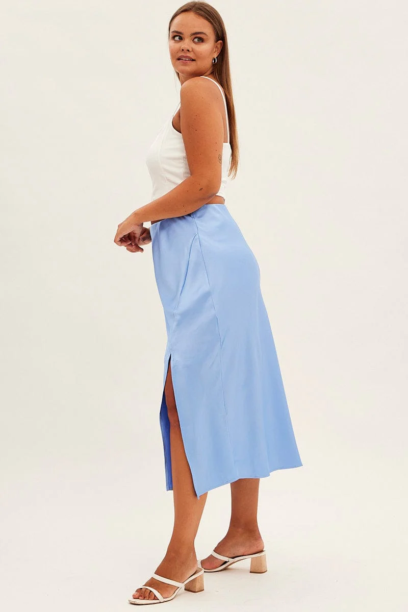 Blue Midi Skirt Bias Satin Split Side - Image 4