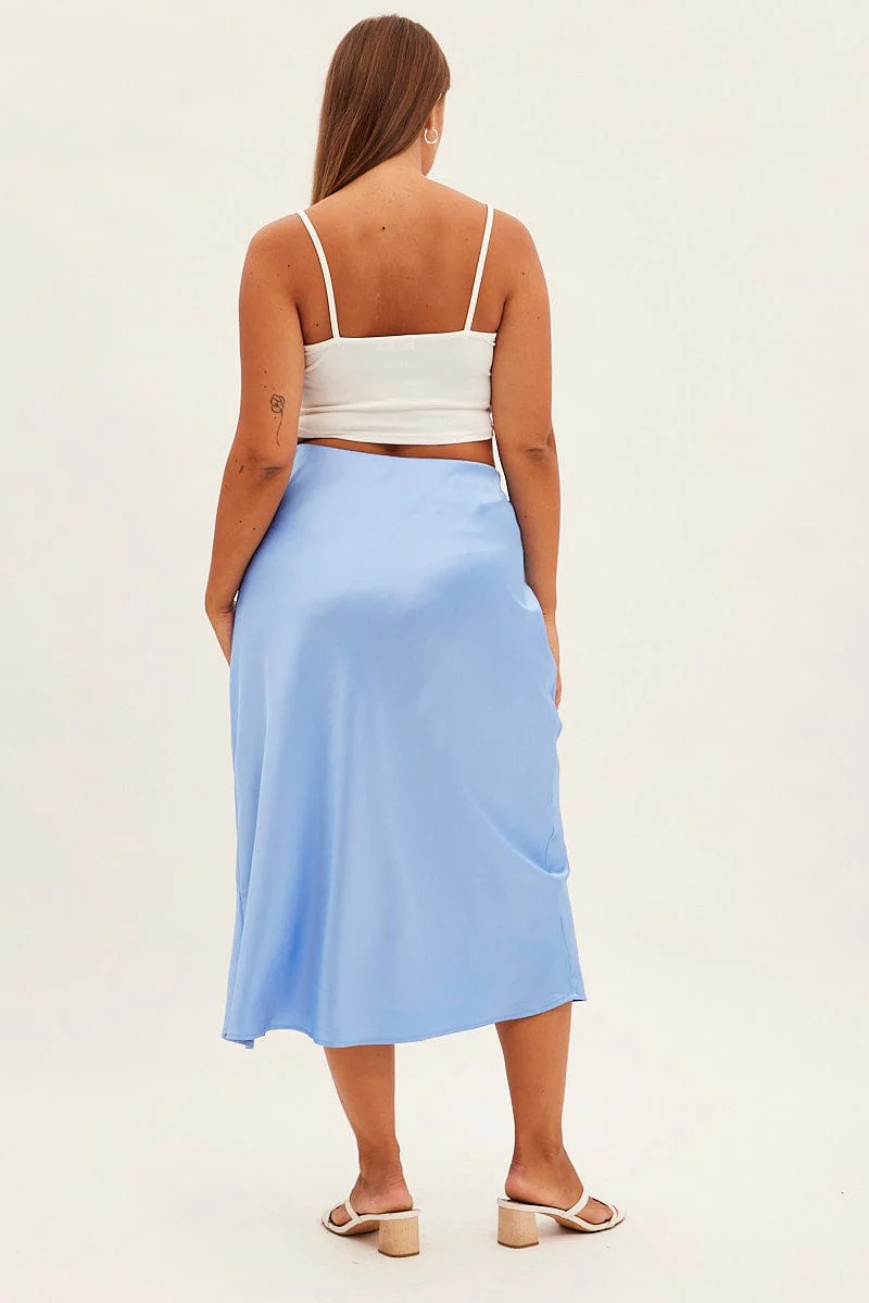Blue Midi Skirt Bias Satin Split Side - Image 5