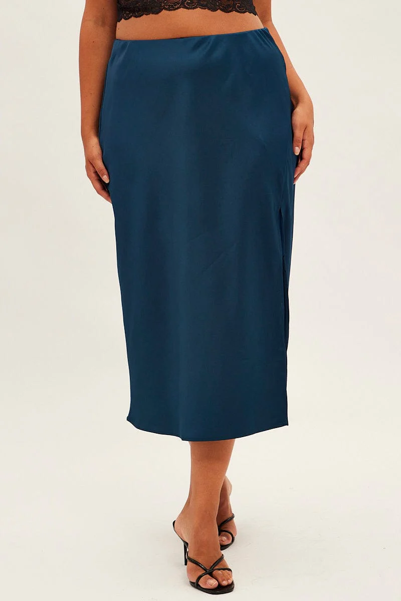 Blue Midi Skirt Bias Satin Split Side - Image 2