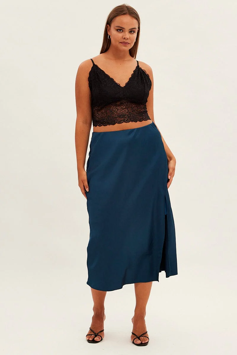 Blue Midi Skirt Bias Satin Split Side - Image 3