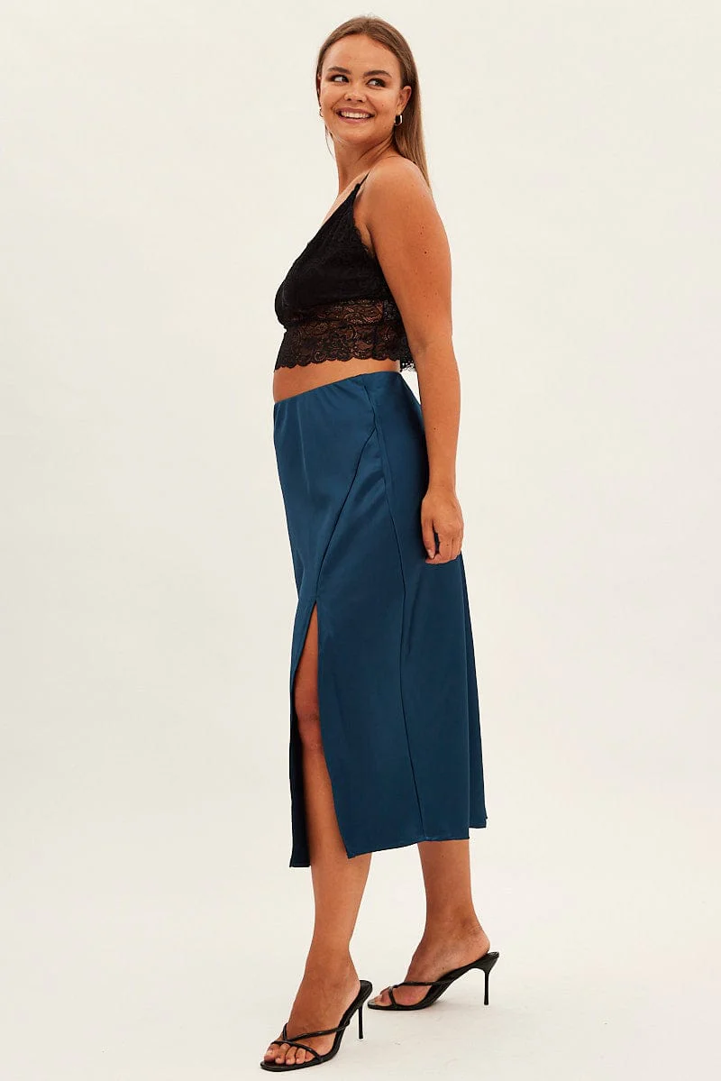 Blue Midi Skirt Bias Satin Split Side - Image 4