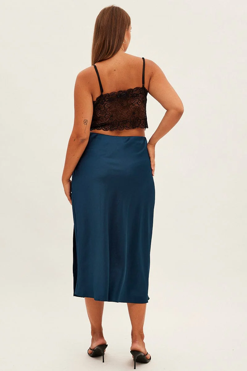 Blue Midi Skirt Bias Satin Split Side - Image 5