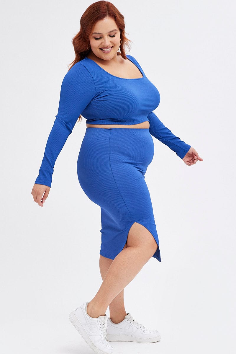 Blue Midi Skirt Rib Jersey Seamless Look - Image 4