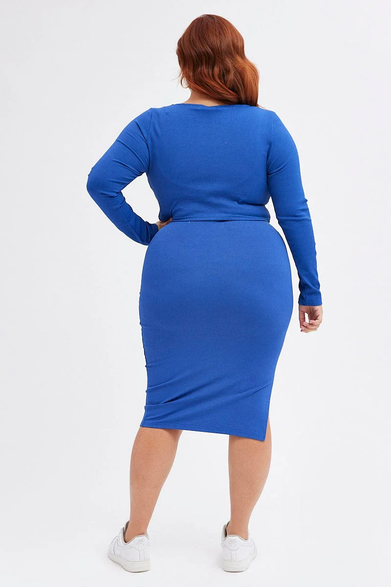 Blue Midi Skirt Rib Jersey Seamless Look - Image 5
