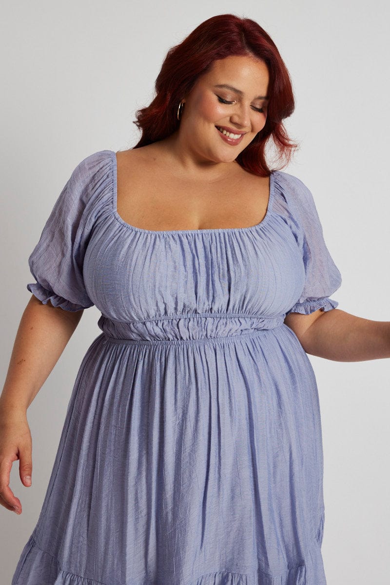 Blue Mini Dress Gather Waist Frill Hem - Image 2