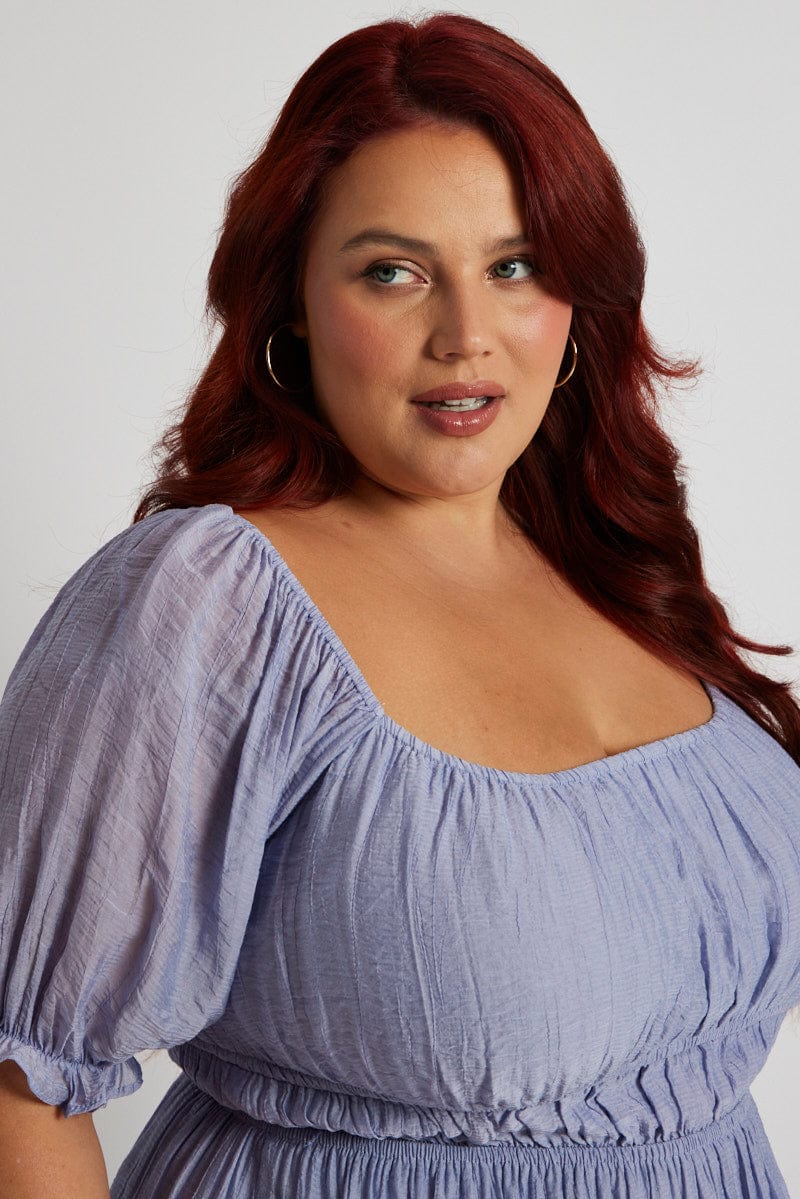 Blue Mini Dress Gather Waist Frill Hem - Image 3