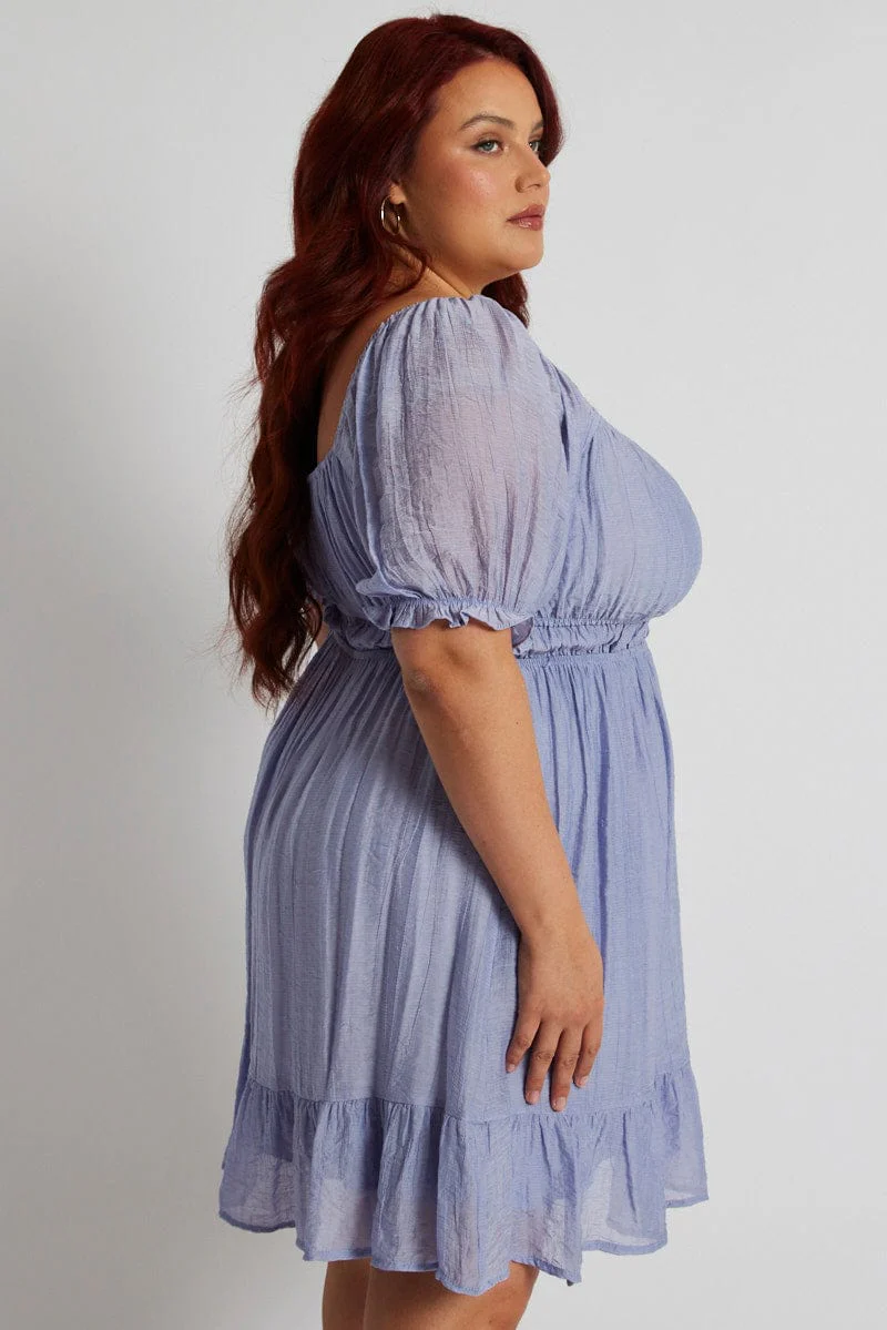 Blue Mini Dress Gather Waist Frill Hem - Image 4