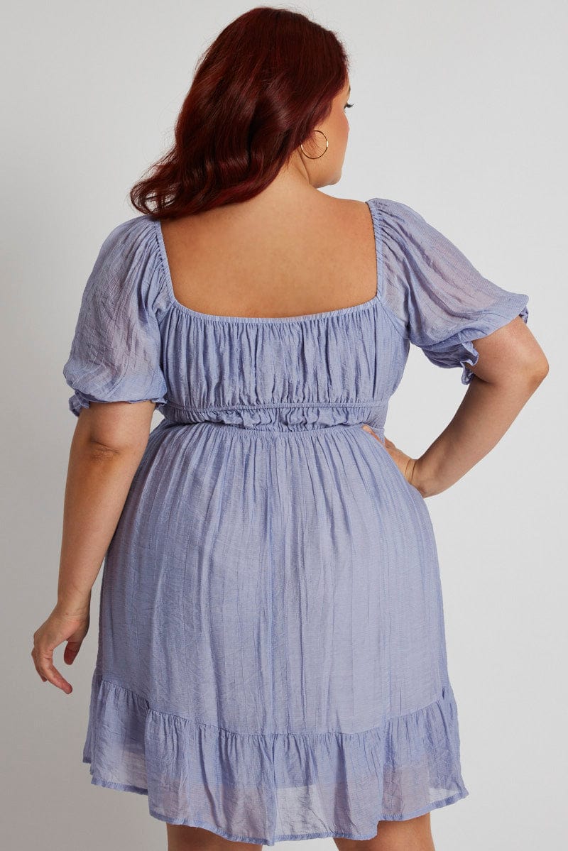 Blue Mini Dress Gather Waist Frill Hem - Image 5