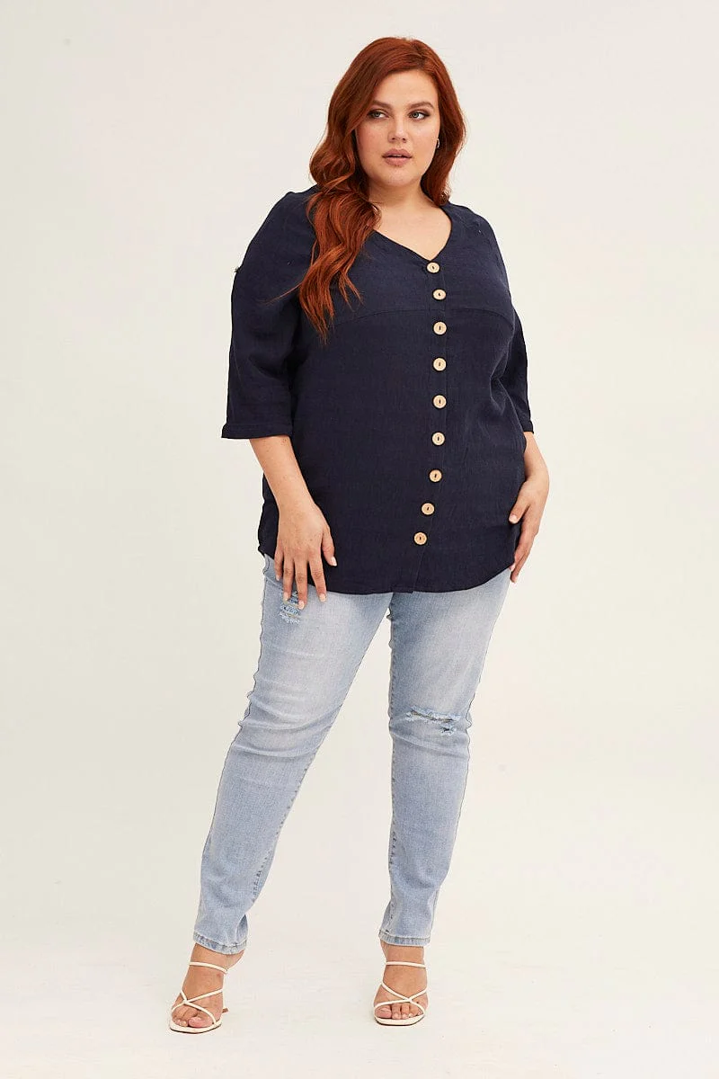 Blue Navy Crinkle Texture V-neck Pocket Shirt - Image 2