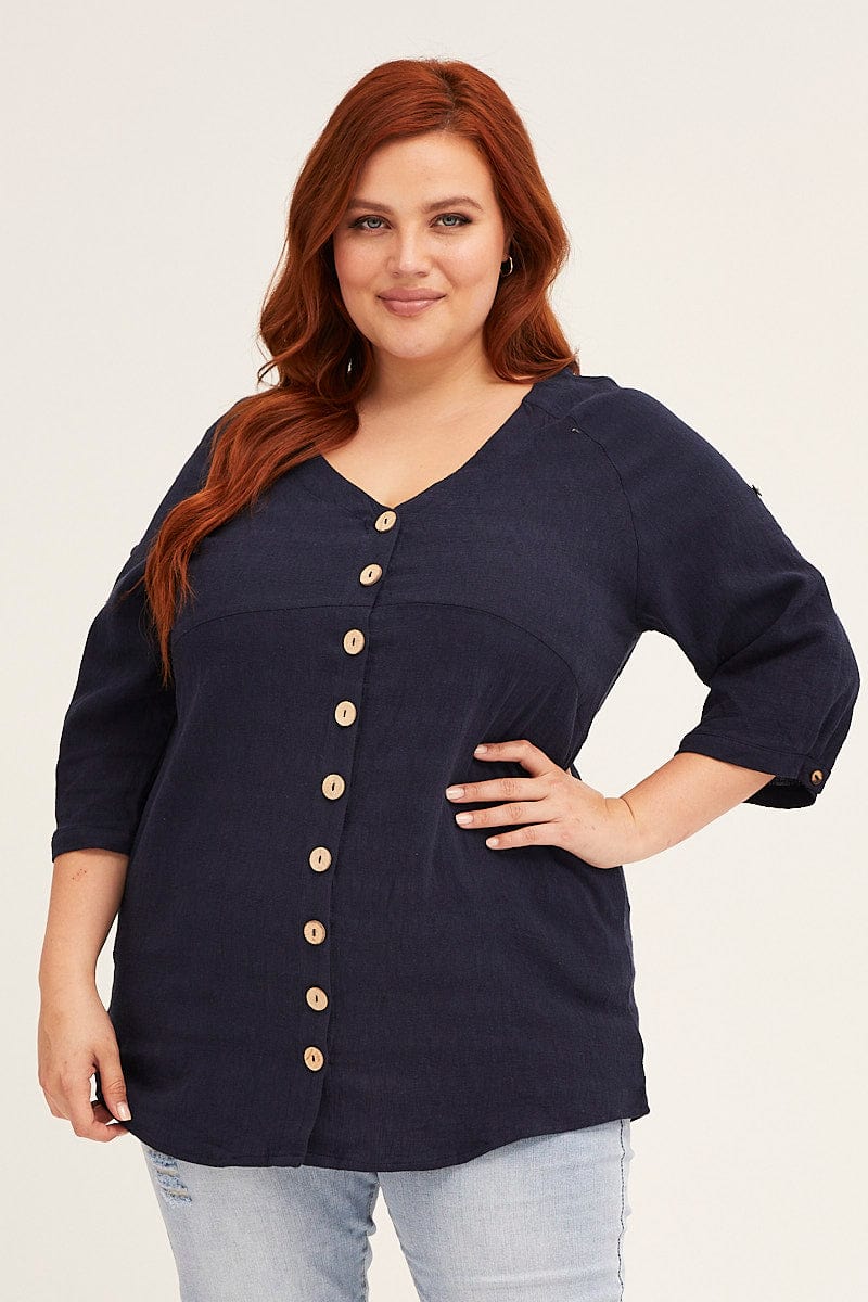 Blue Navy Crinkle Texture V-neck Pocket Shirt - Image 3