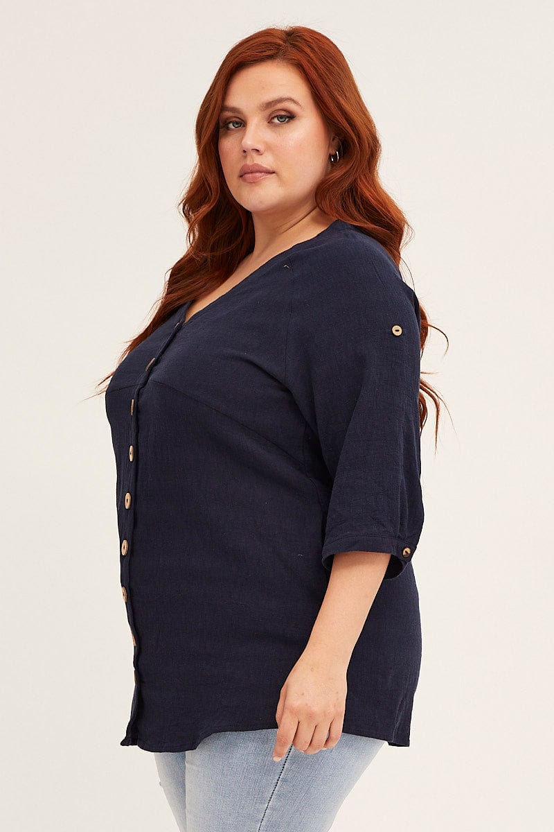 Blue Navy Crinkle Texture V-neck Pocket Shirt - Image 4