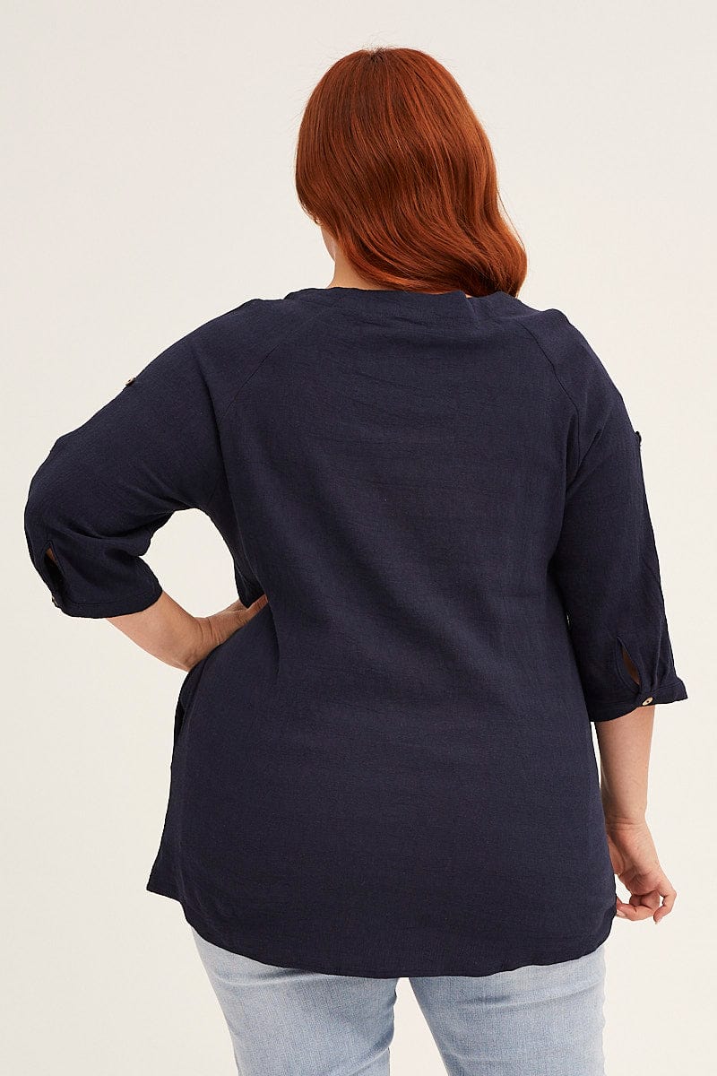 Blue Navy Crinkle Texture V-neck Pocket Shirt - Image 5