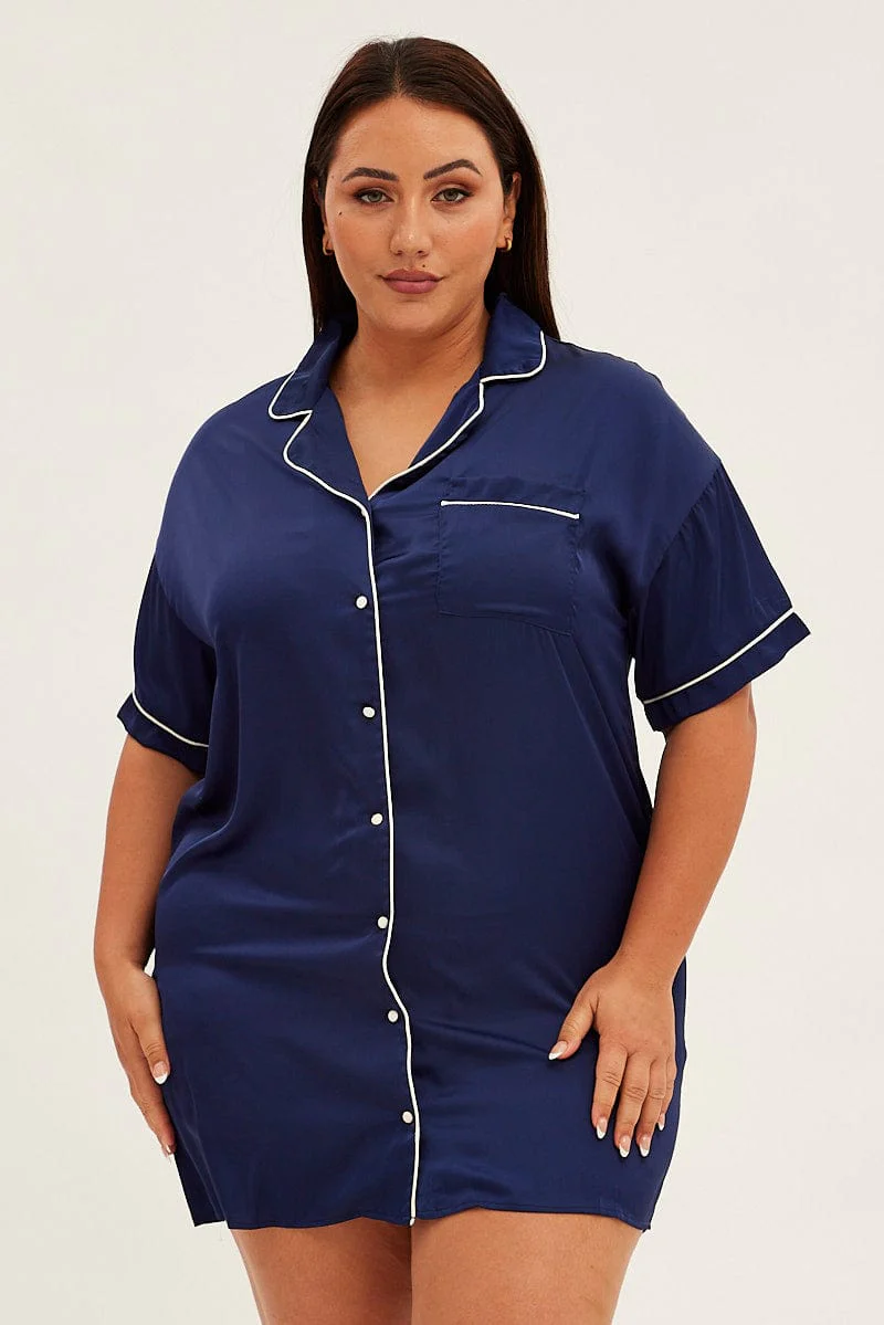 Blue Nightie Short Sleeve Collared Mini Satin
