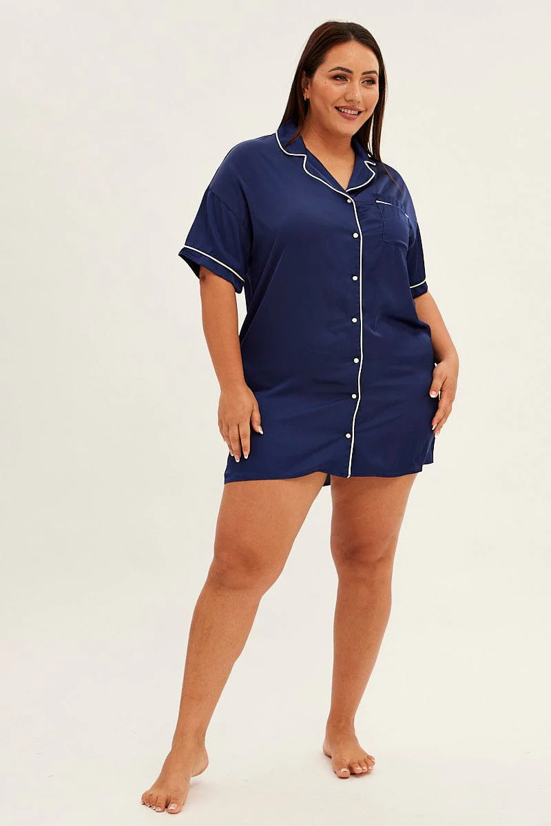 Blue Nightie Short Sleeve Collared Mini Satin - Image 2