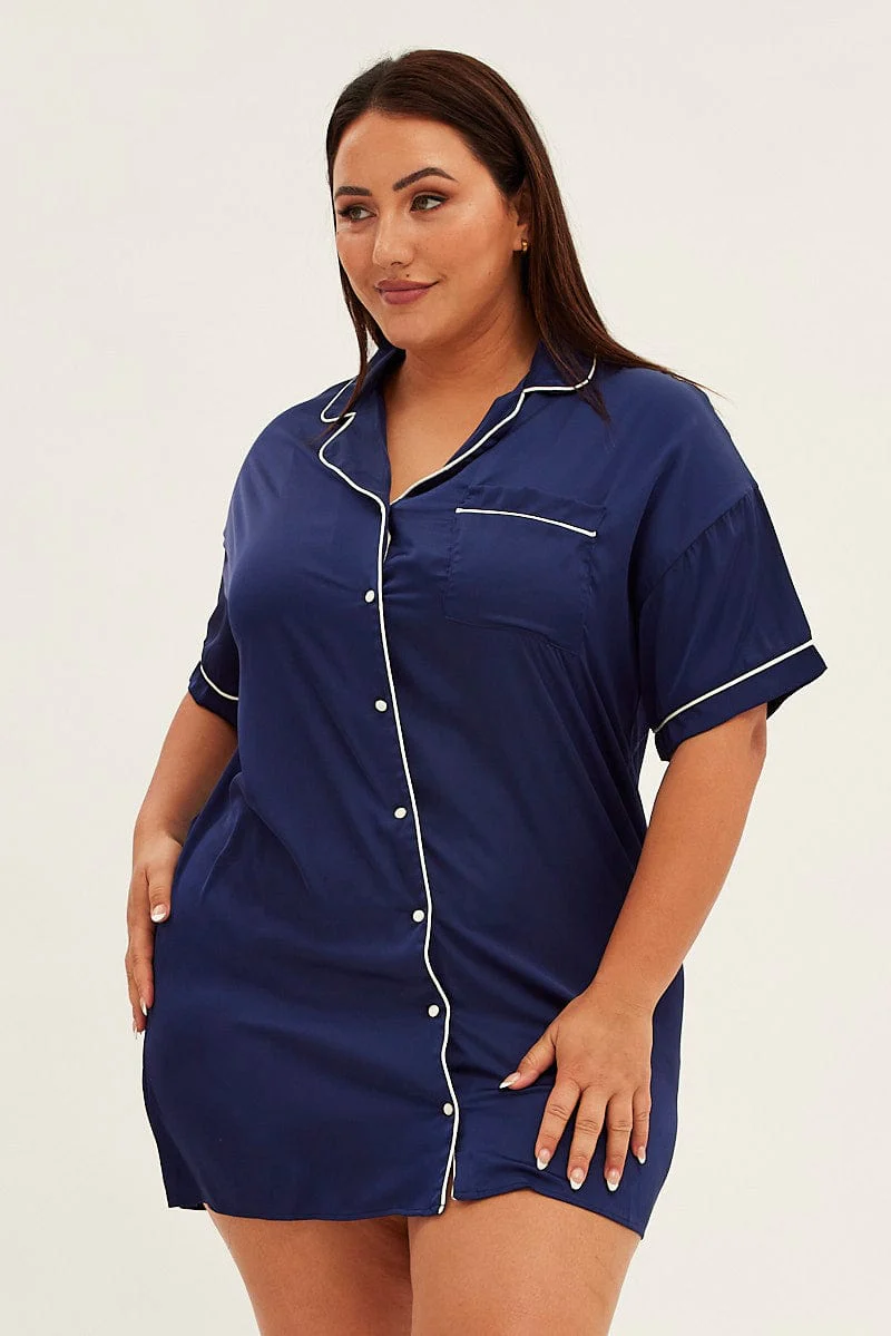 Blue Nightie Short Sleeve Collared Mini Satin - Image 3
