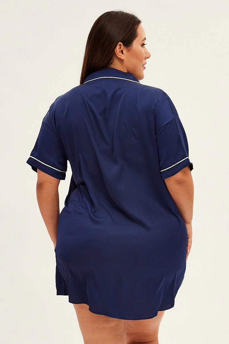 Blue Nightie Short Sleeve Collared Mini Satin - Image 5