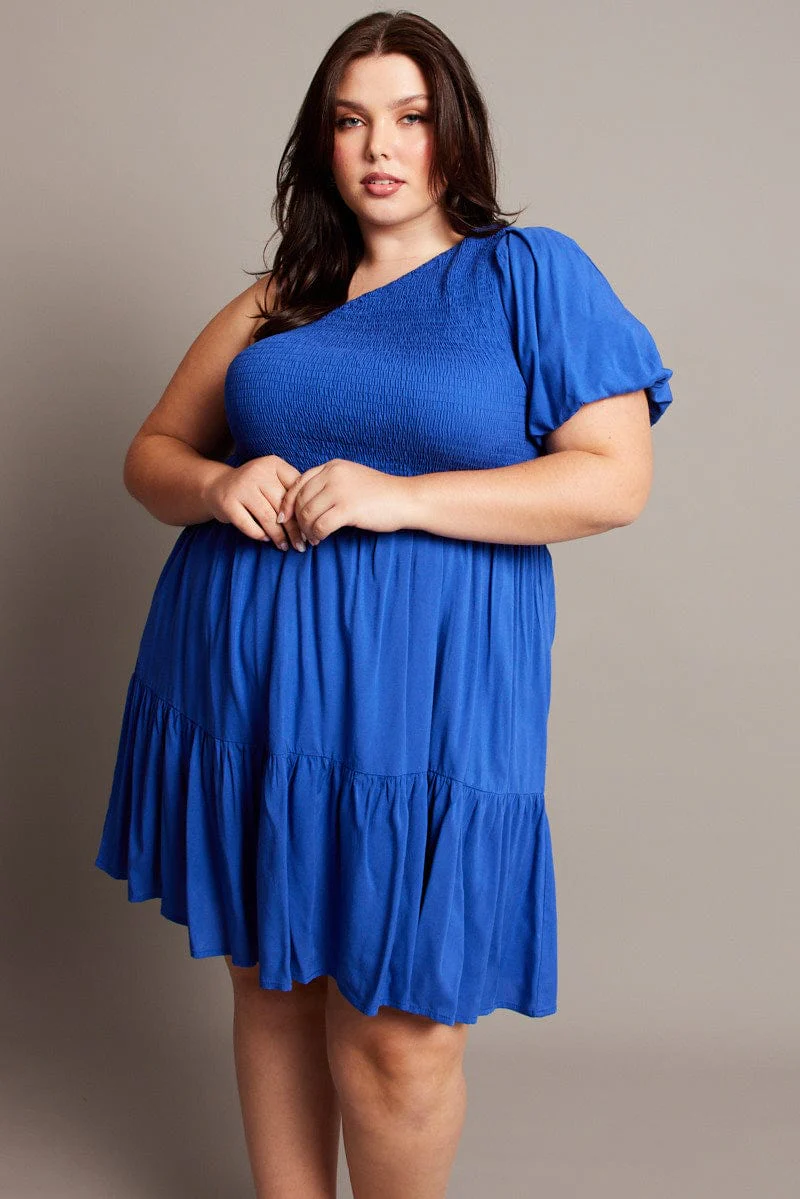 Blue One Shoulder Dress Shirred Bodice Pockets - Image 3