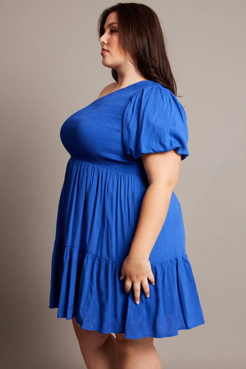 Blue One Shoulder Dress Shirred Bodice Pockets - Image 4