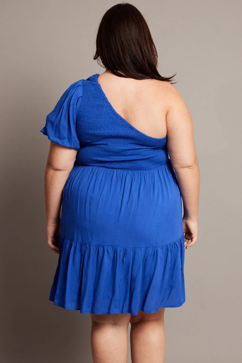 Blue One Shoulder Dress Shirred Bodice Pockets - Image 5