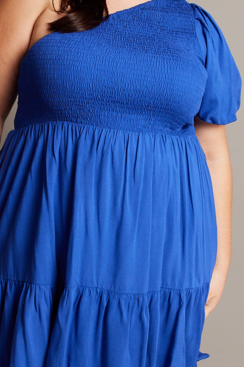Blue One Shoulder Dress Shirred Bodice Pockets - Image 6
