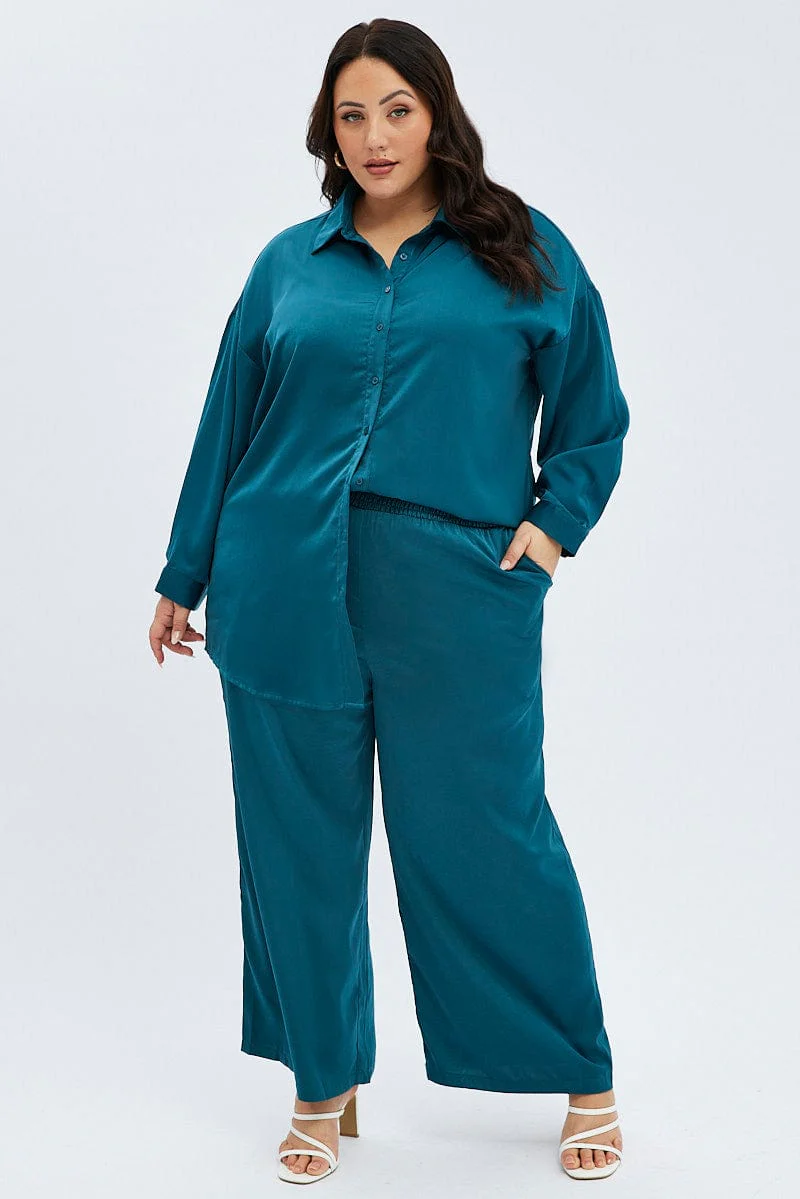 Blue Oversized Shirt Satin Long Sleeve - Image 2