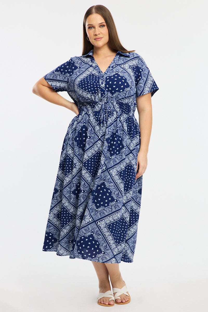 Blue Paisley Shirt Midi Dress Short Sleeve
