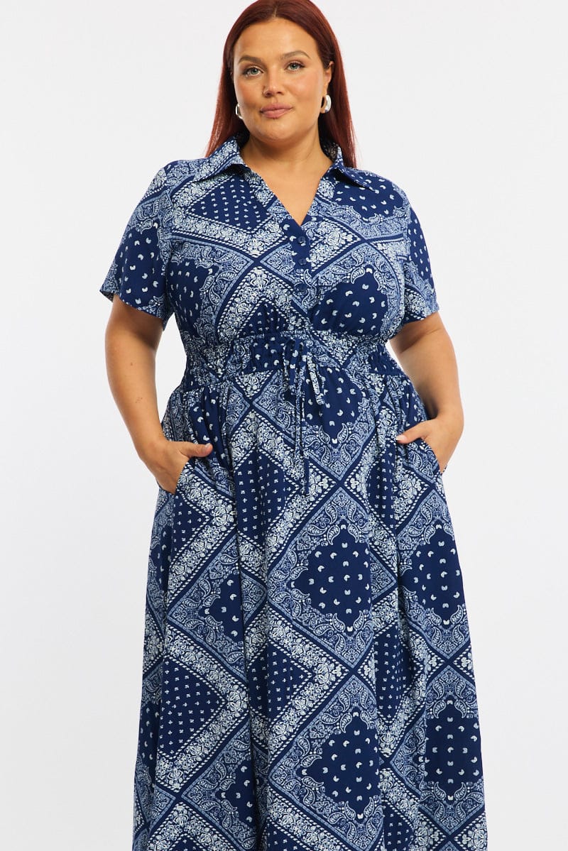 Blue Paisley Shirt Midi Dress Short Sleeve - Image 3